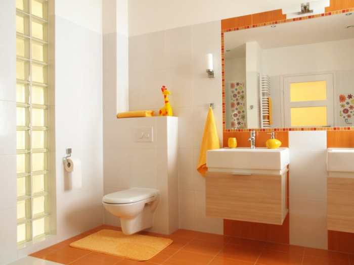 Orange and grey bathroom decor