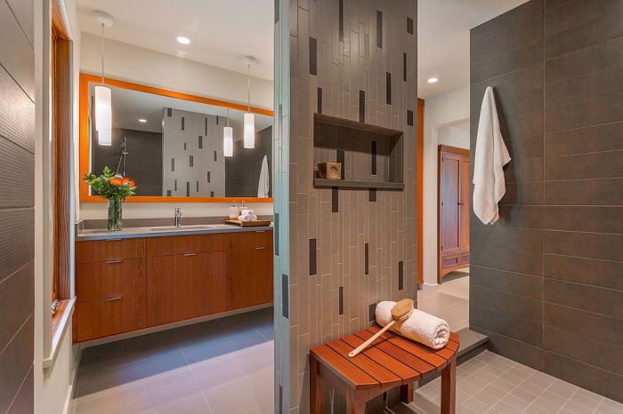 Orange and grey bathroom decor