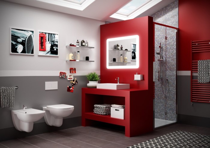 Red and grey bathroom decor